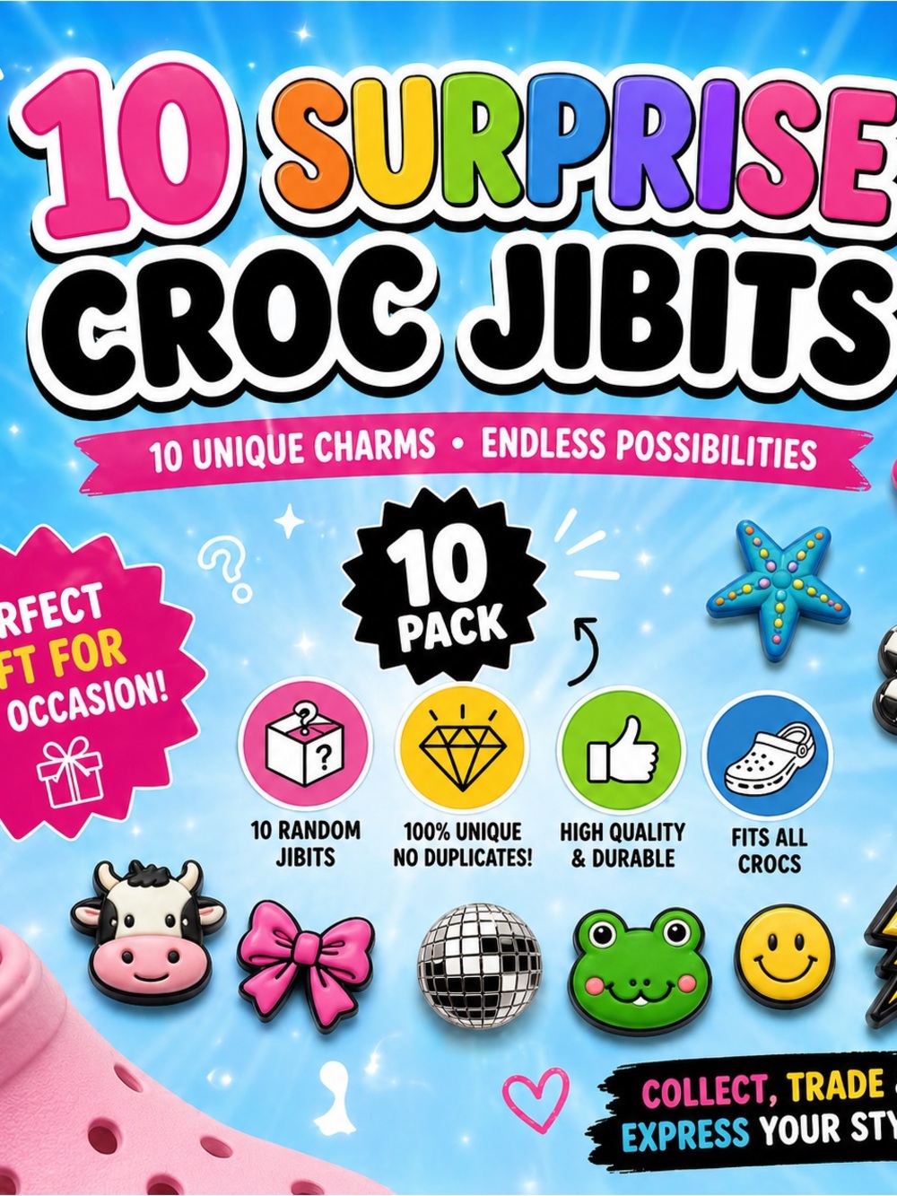 10 Surprise Croc Jibits Charms | Random Mystery Pack | No Duplicates